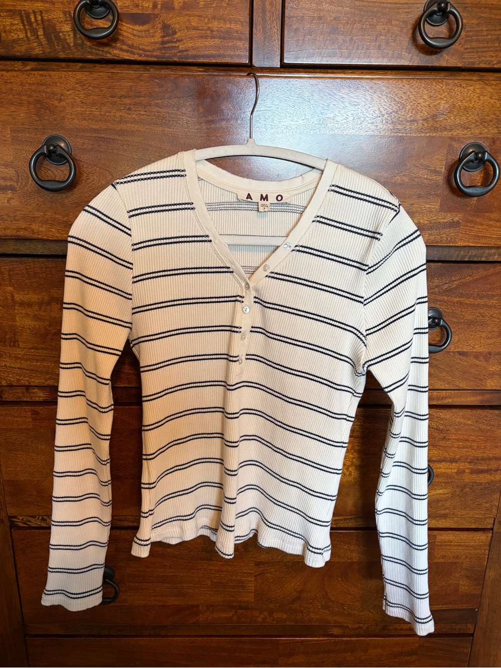 AMO Cream and Navy Striped Ribbed Henley Long Sleeve Top
